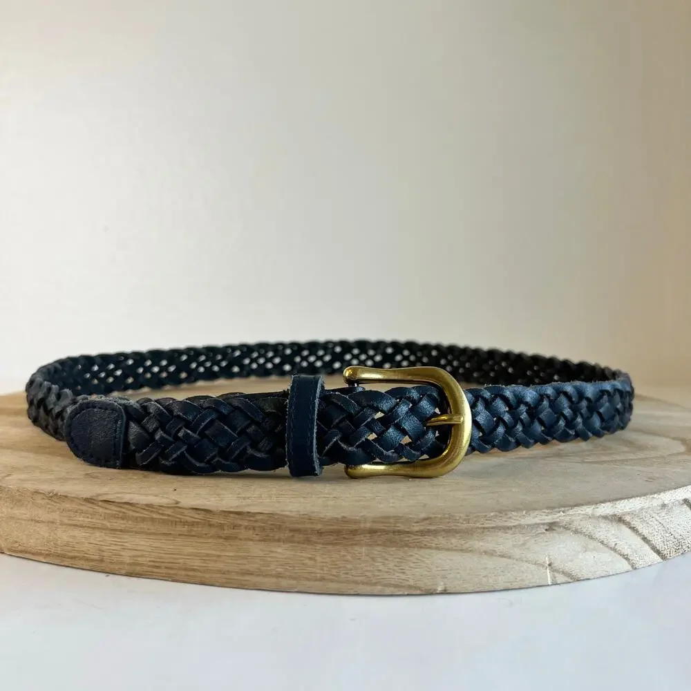 Blue Genuine Split Cowhide Genuine Leather Woven Weaved Gold Buckle Belt Size M